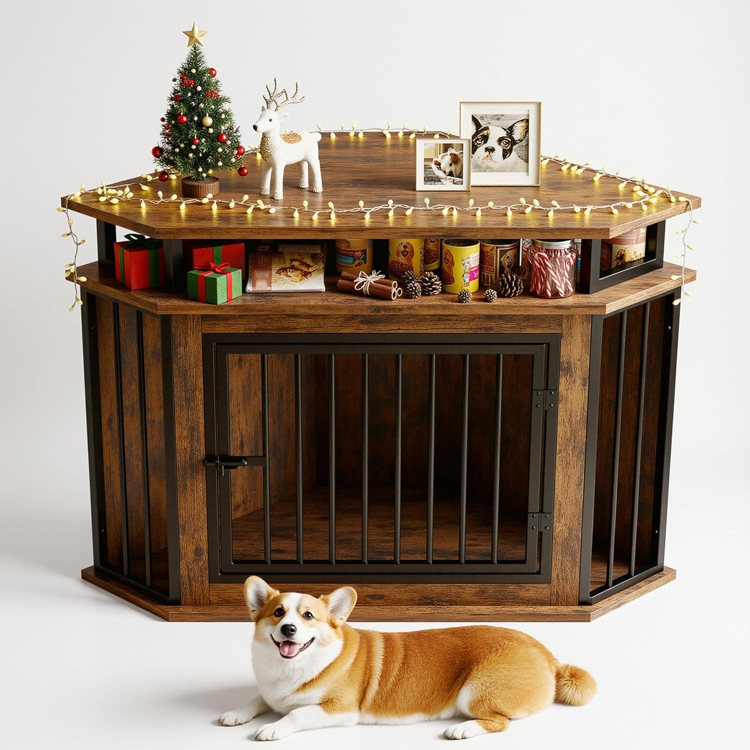 IRONCK 44in Corner Dog Crate with 2-Tier Shelves for Pets