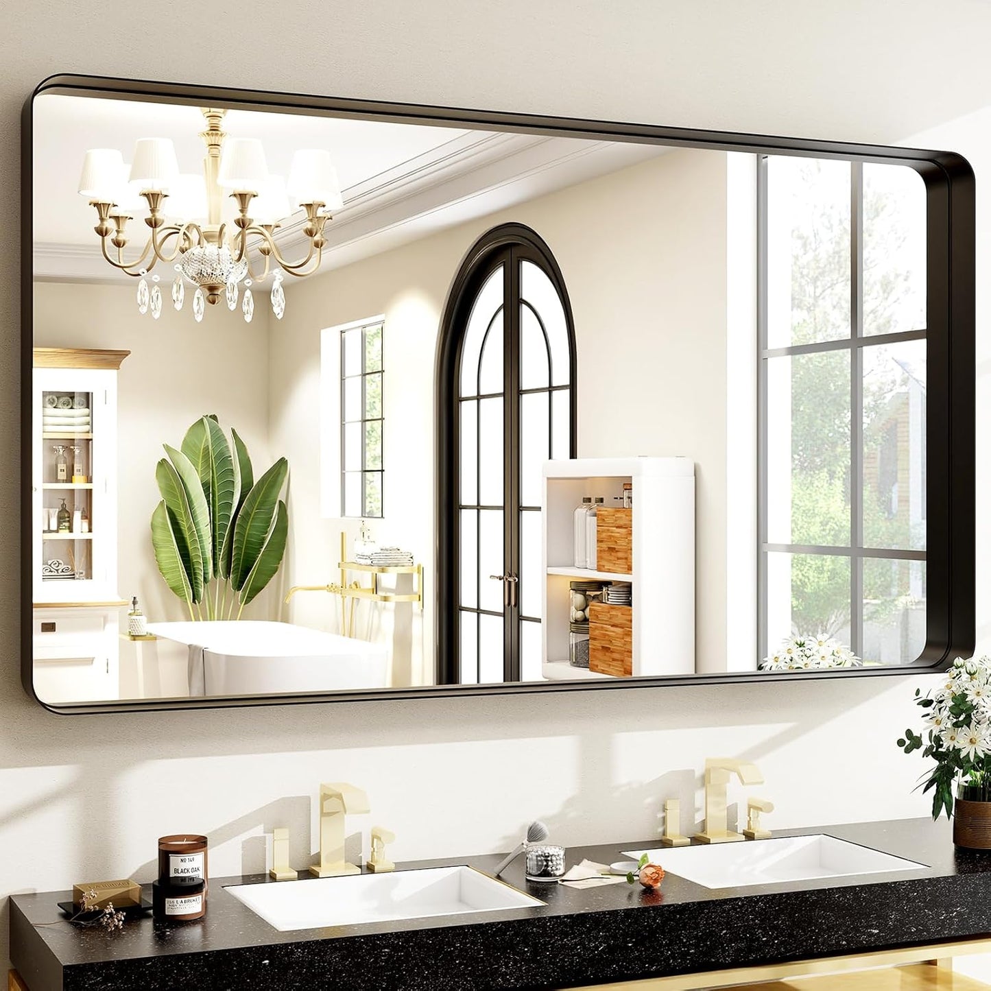 48x30 Black Bathroom Mirror - Modern Rounded Corner Design