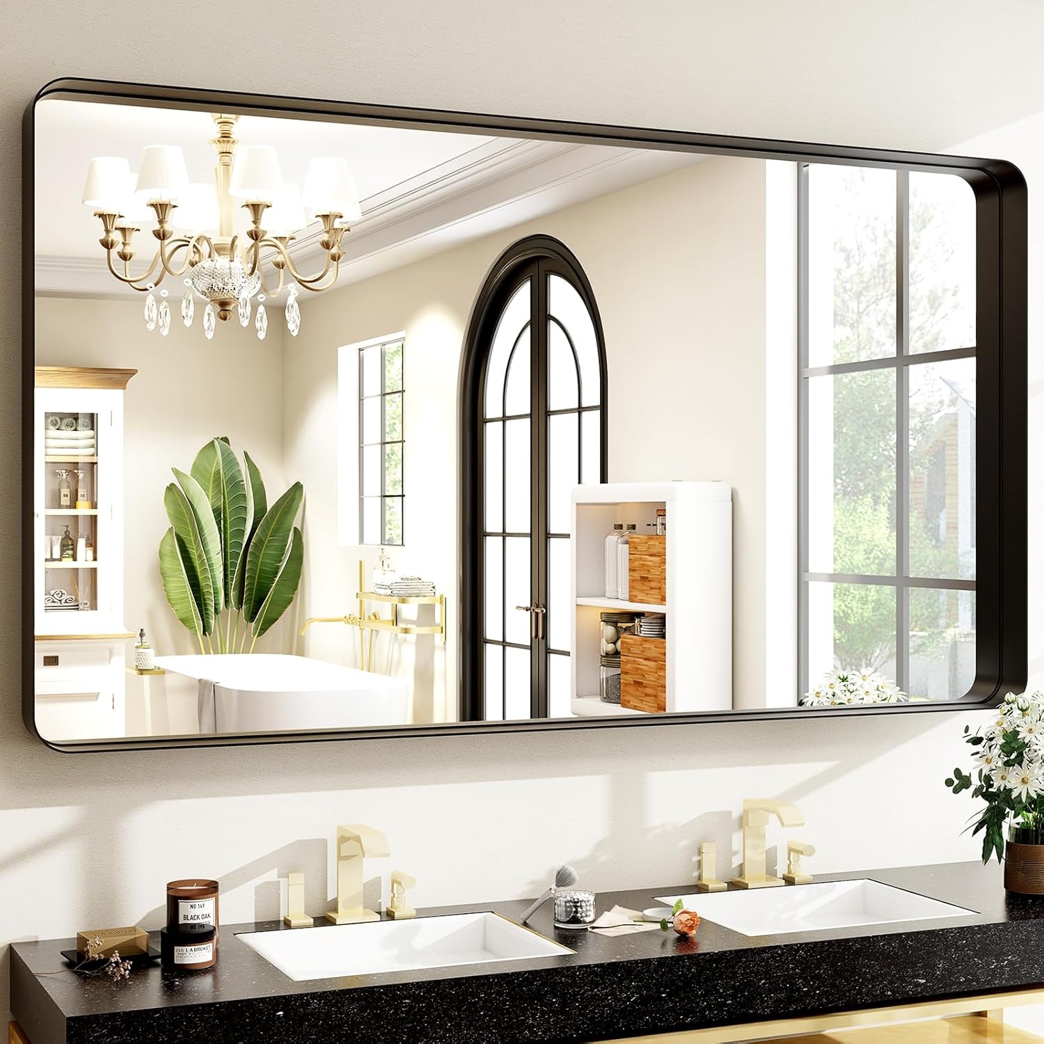 48x30 Black Bathroom Mirror - Modern Rounded Corner Design