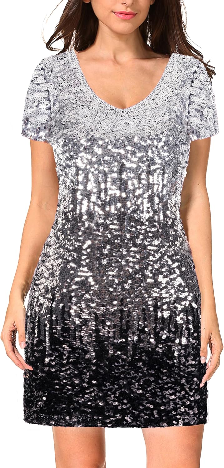 MANER Women's Sequin Glitter Short Sleeve Dress for Parties