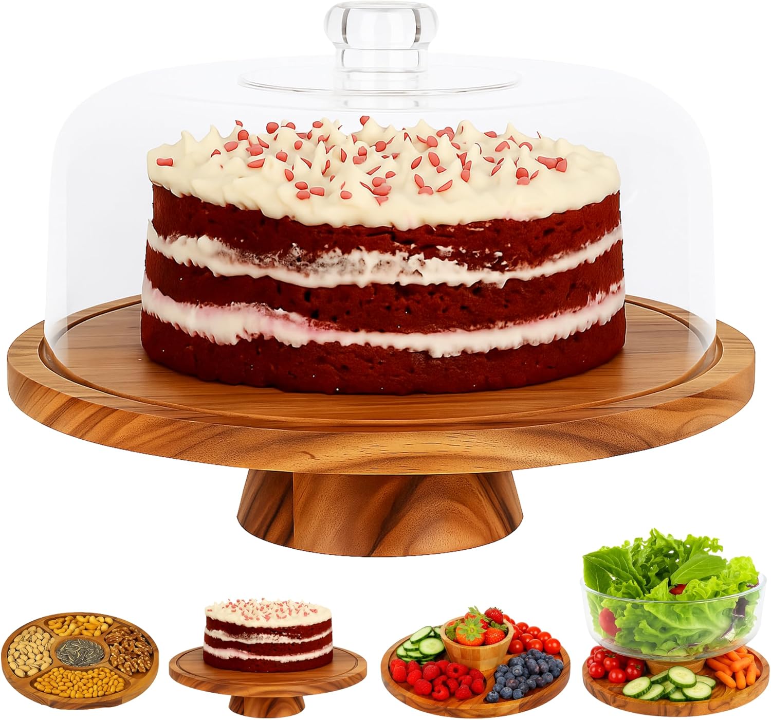 6 in 1 Large Acacia Wood Cake Stand with Lid for All Occasions