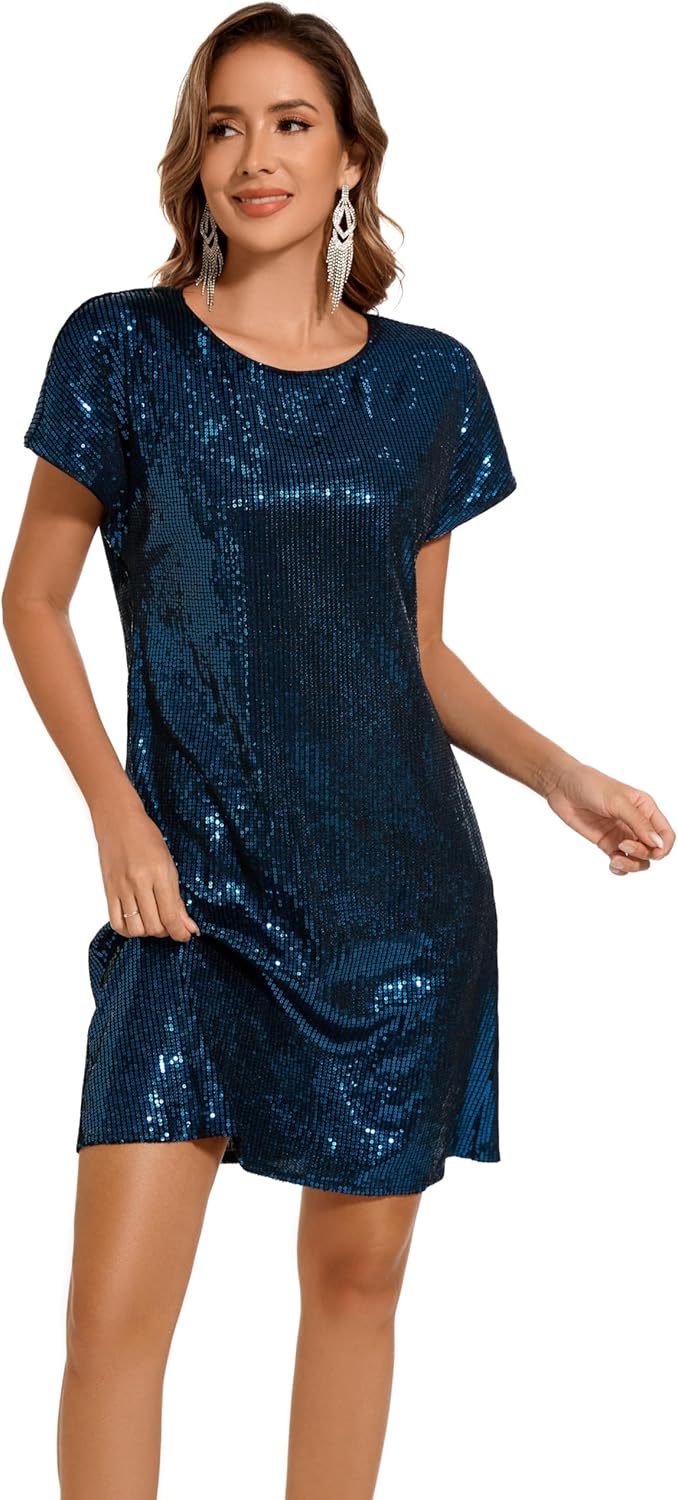 Women's Crewneck Sequin Shift Dress for Casual Holiday Fun
