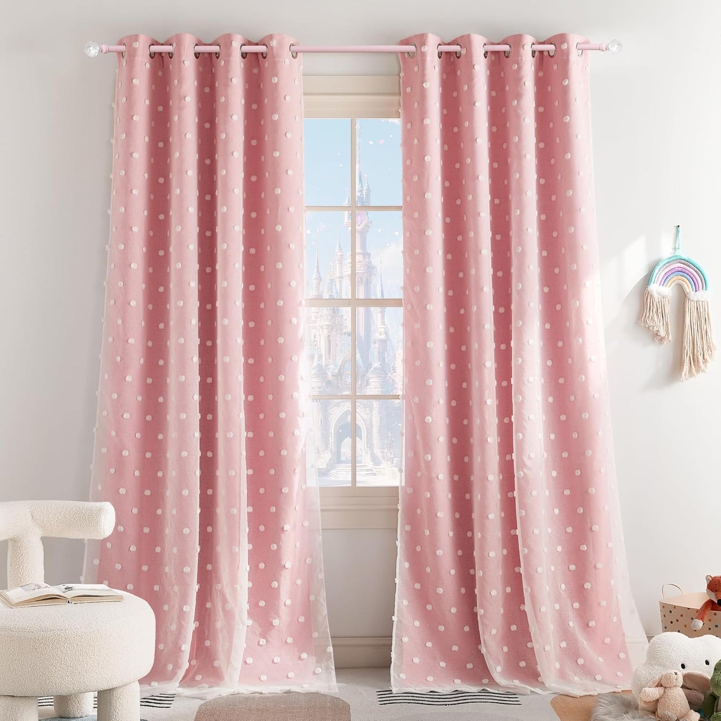 PONY DANCE Pink Curtains for Living Room with Pom Pom Sheer