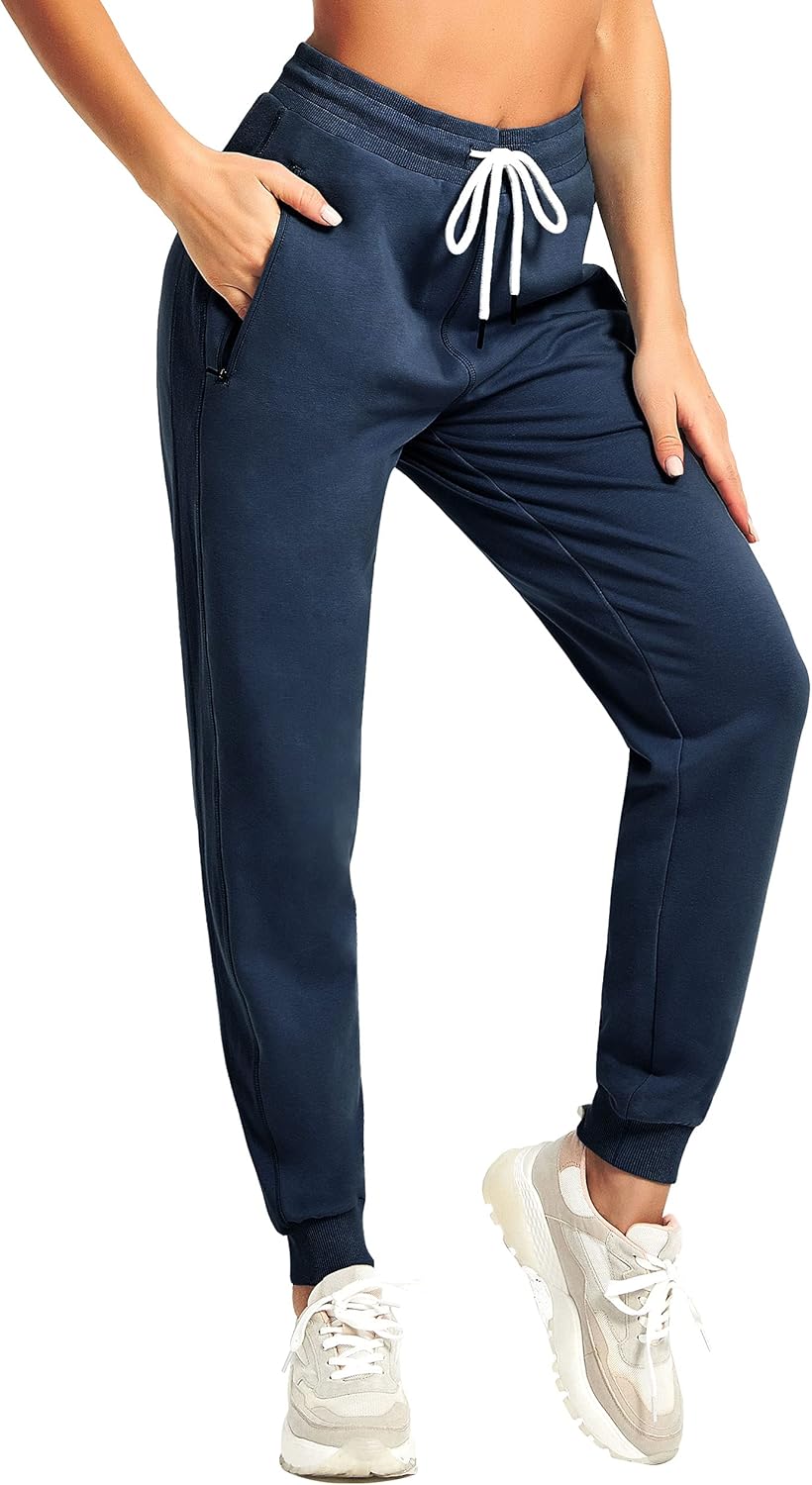 PULI Women Workout Sweatpants Cotton Jogger with Zipper Pocket