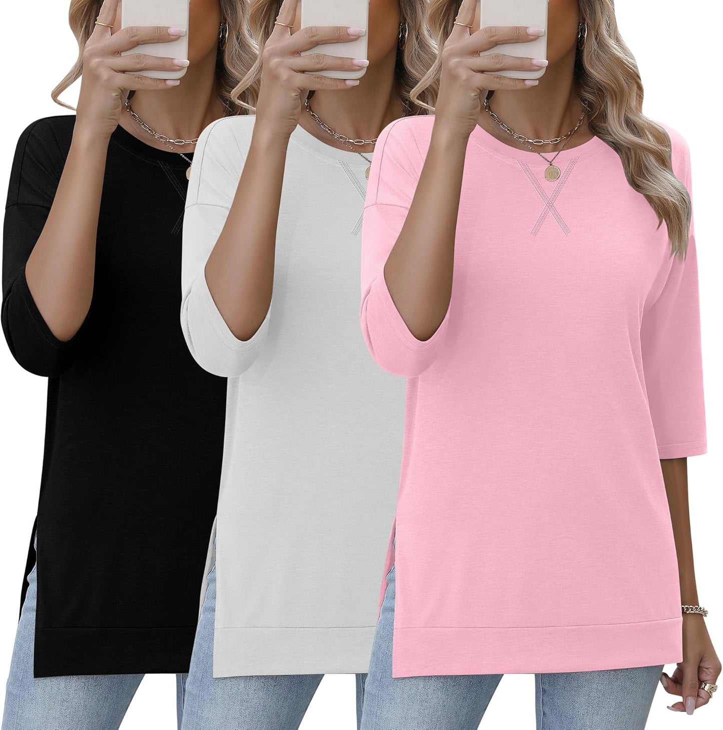 Stylish 3 Pack 3/4 Length Sleeve Women's Tops for Casual Wear