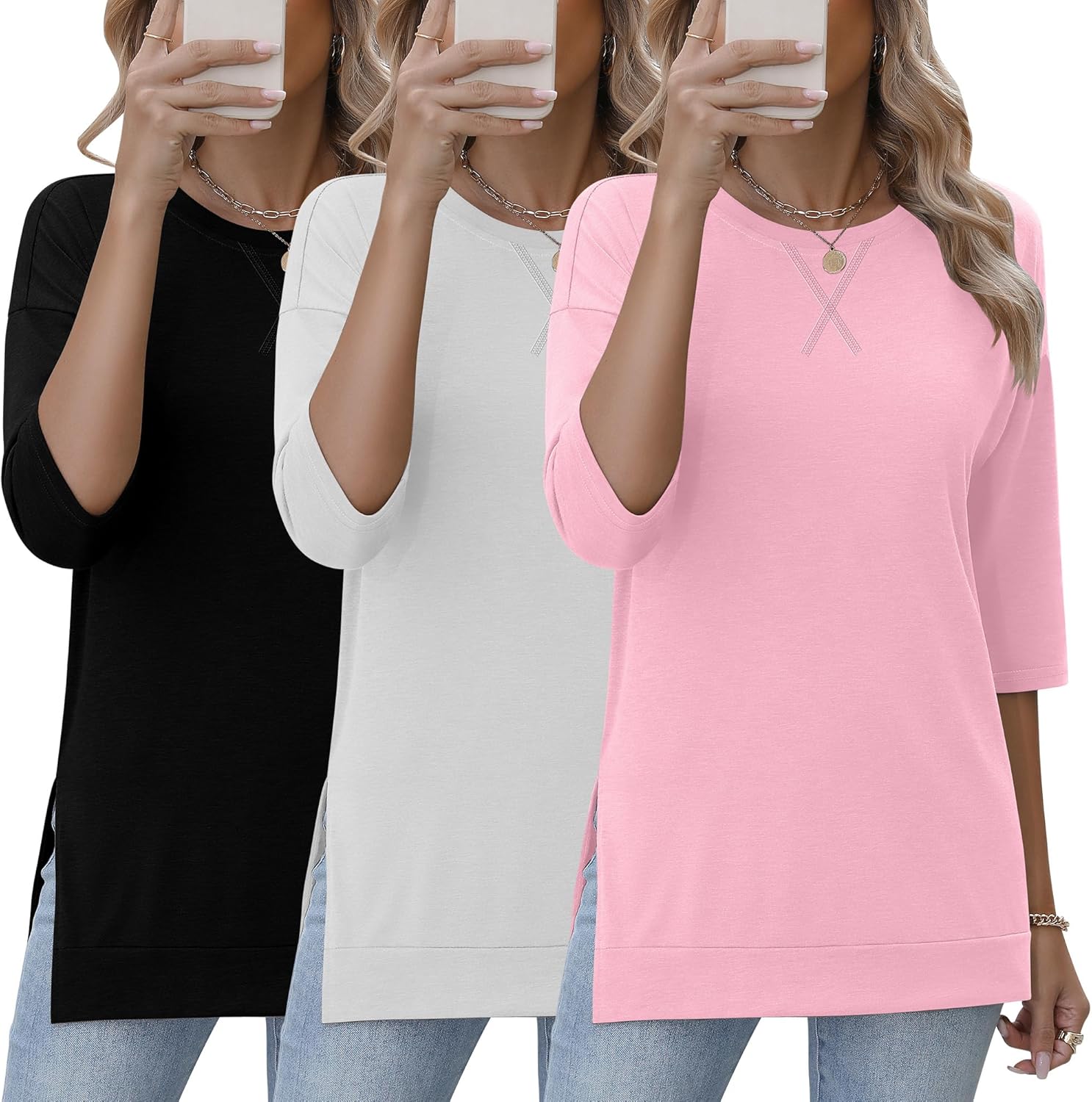 Stylish 3 Pack 3/4 Length Sleeve Women's Tops for Casual Wear