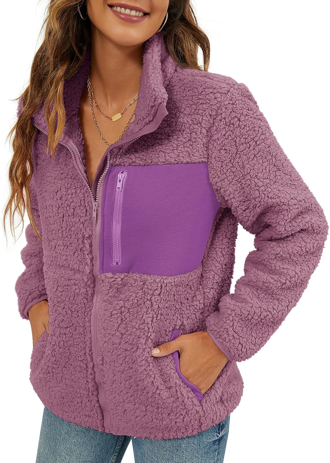 VVK Women's Fashion Faux Shearling Shaggy Full Zip Coats