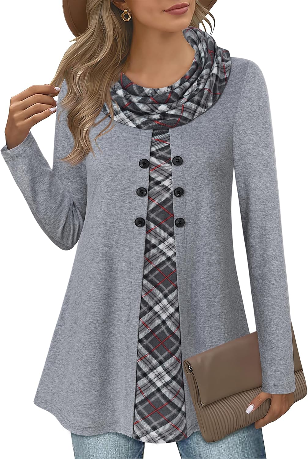 Bebonnie Womens Long Sleeve Cowl Neck Splicing Tunic Tops