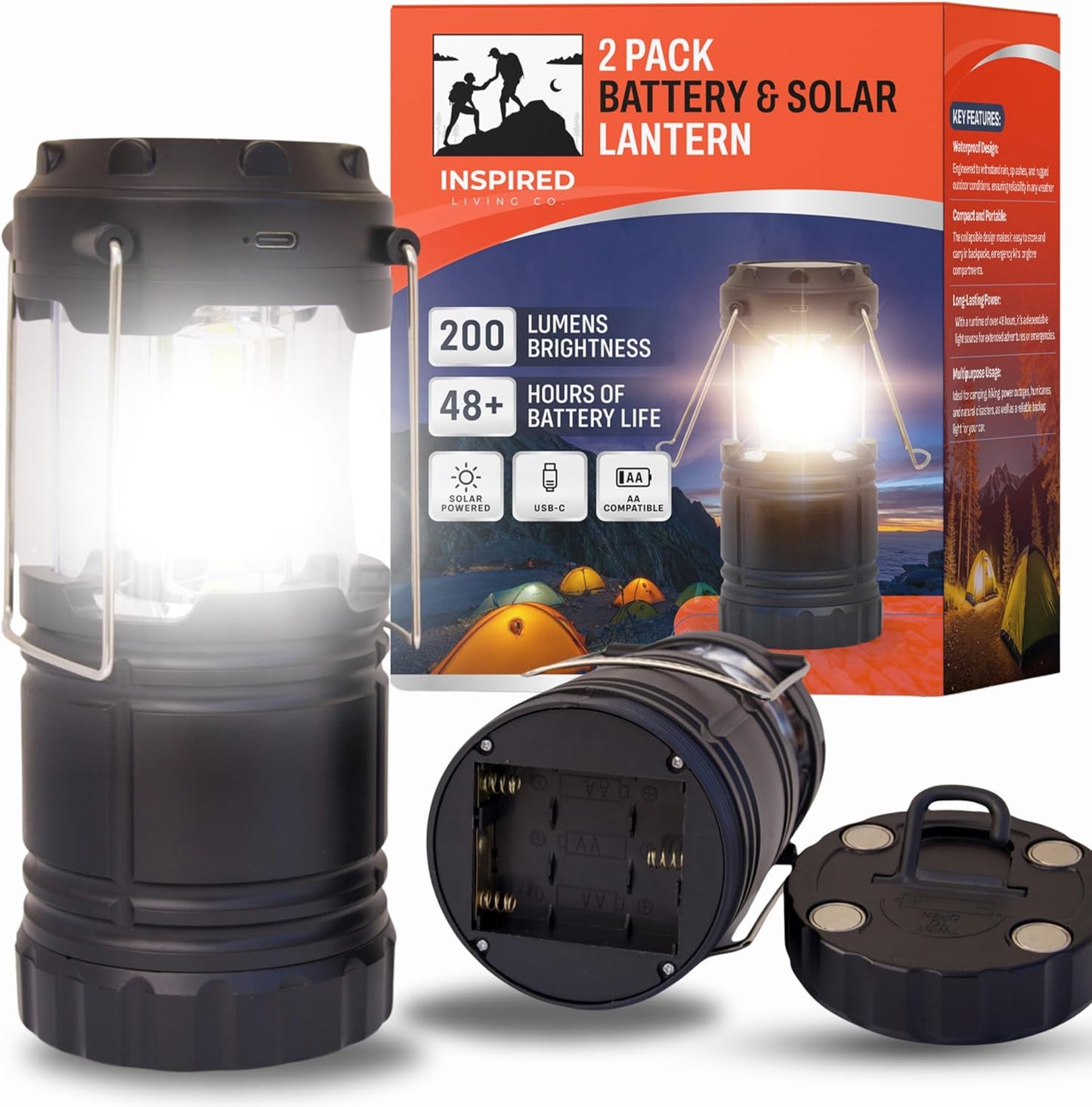2-Pack Portable LED Lanterns, 48hr Battery Life, Solar & USB-C, Emergency Lights