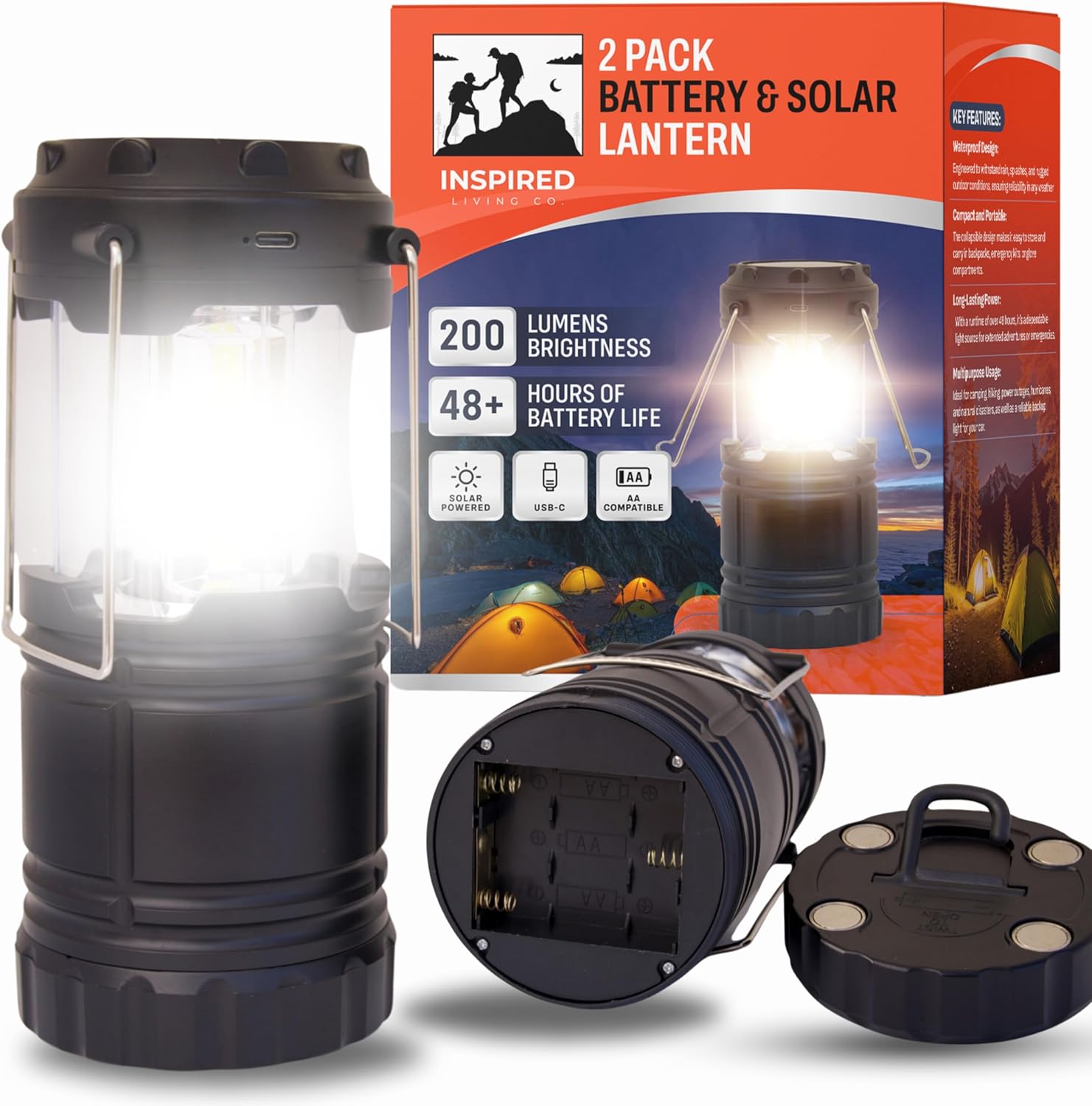 2-Pack Portable LED Lanterns, 48hr Battery Life, Solar & USB-C, Emergency Lights