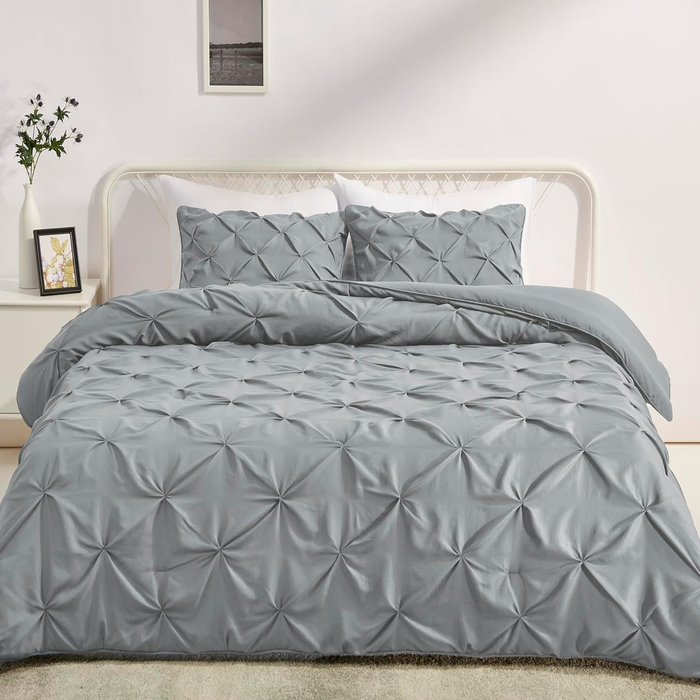King Size Comforter Set with Pinch Pleat Design in Dark Grey