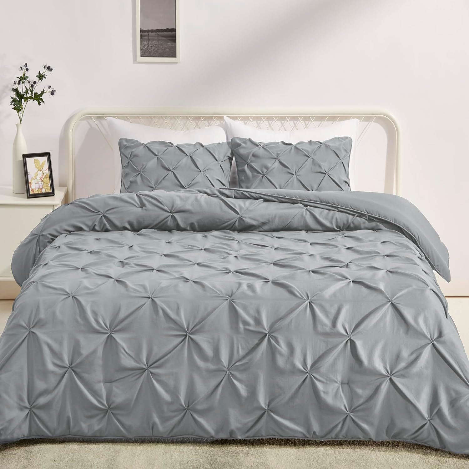 King Size Comforter Set with Pinch Pleat Design in Dark Grey