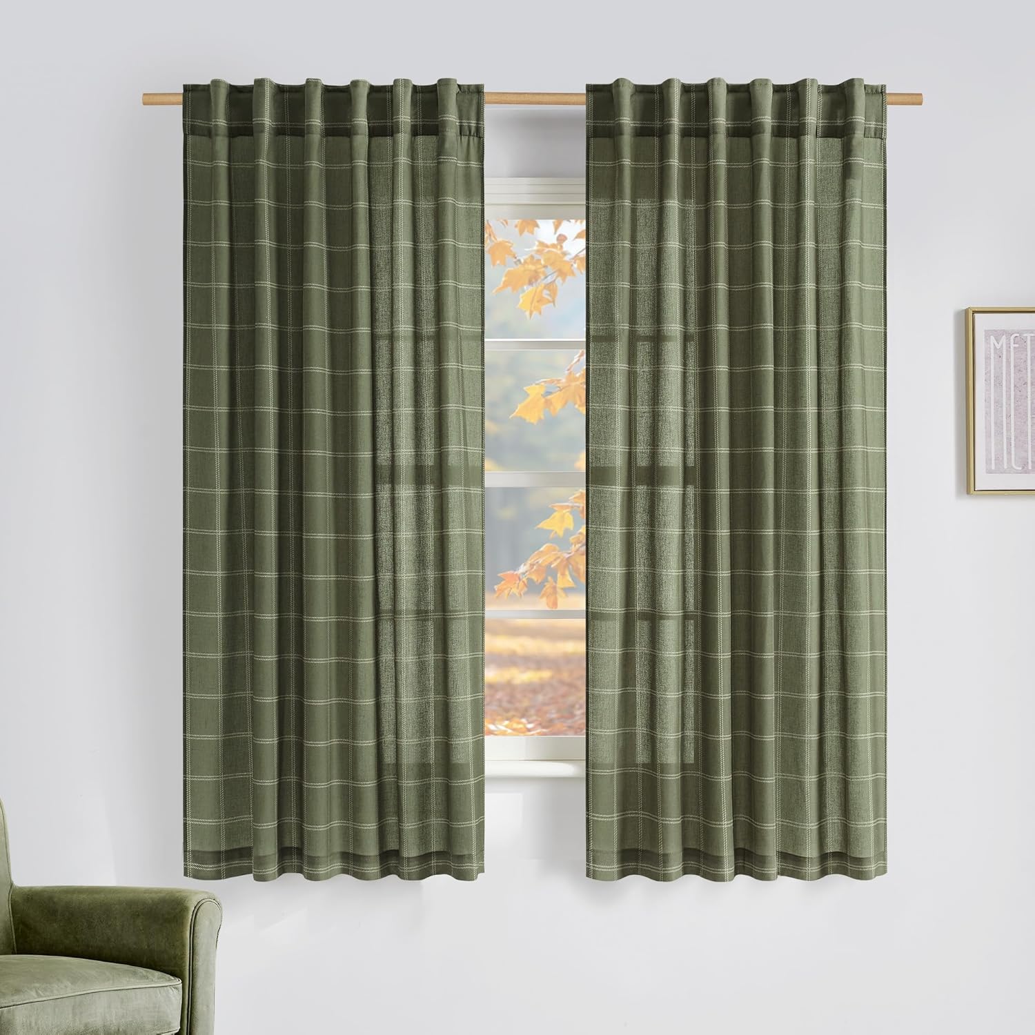 Linen Plaid Curtains for Modern Home Decor in Moss Green