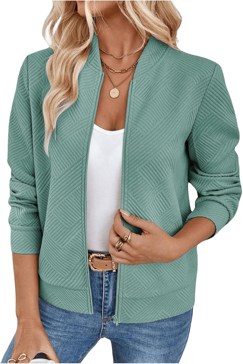 Verdusa Women's Zip Up Textured Lightweight Bomber Jacket