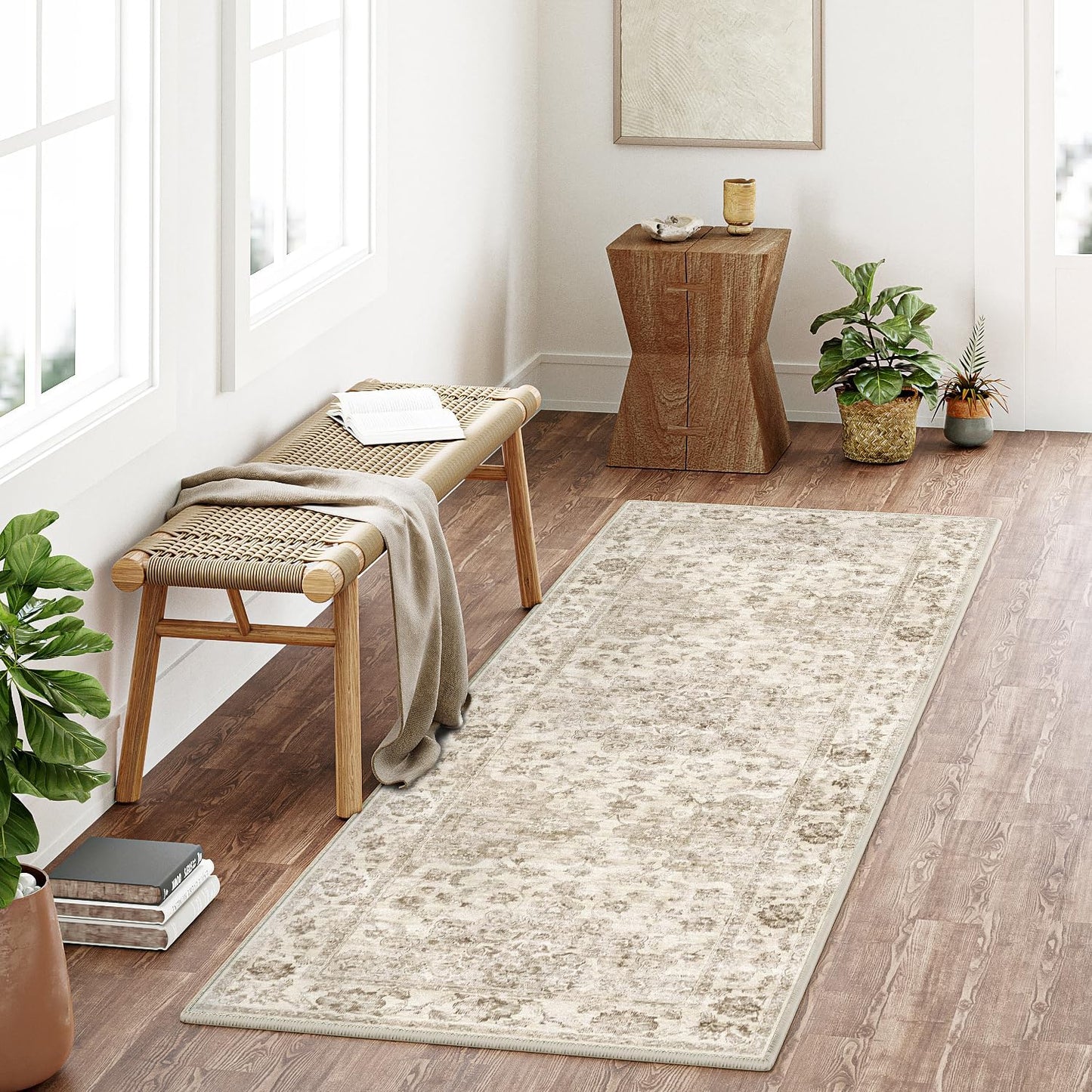 3x7 Washable Neutral Runner Rug for Vintage Hallways and More