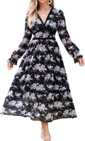 Women's Spring Wrap Maxi Dress Floral V Neck Long Sleeve - Flowy daily