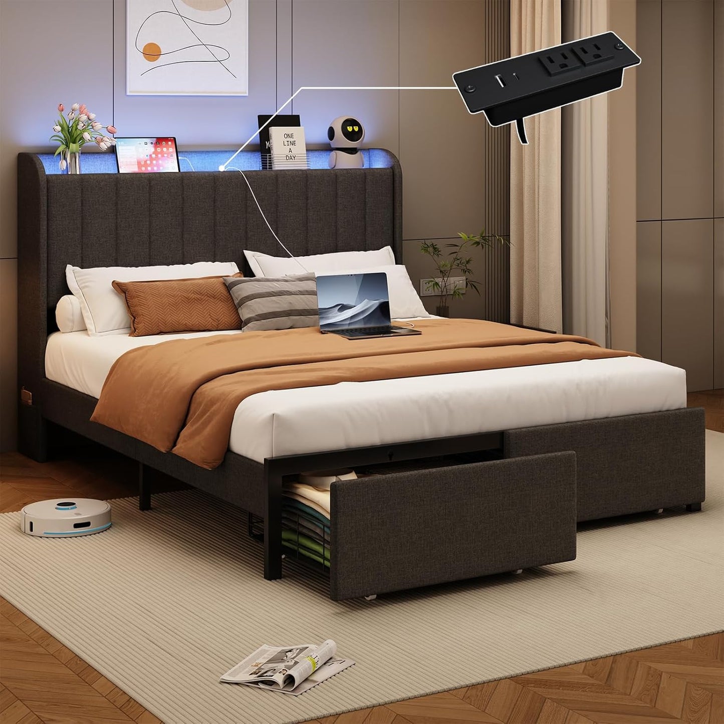 Queen Size Bed Frame with Storage Headboard and LED Lights