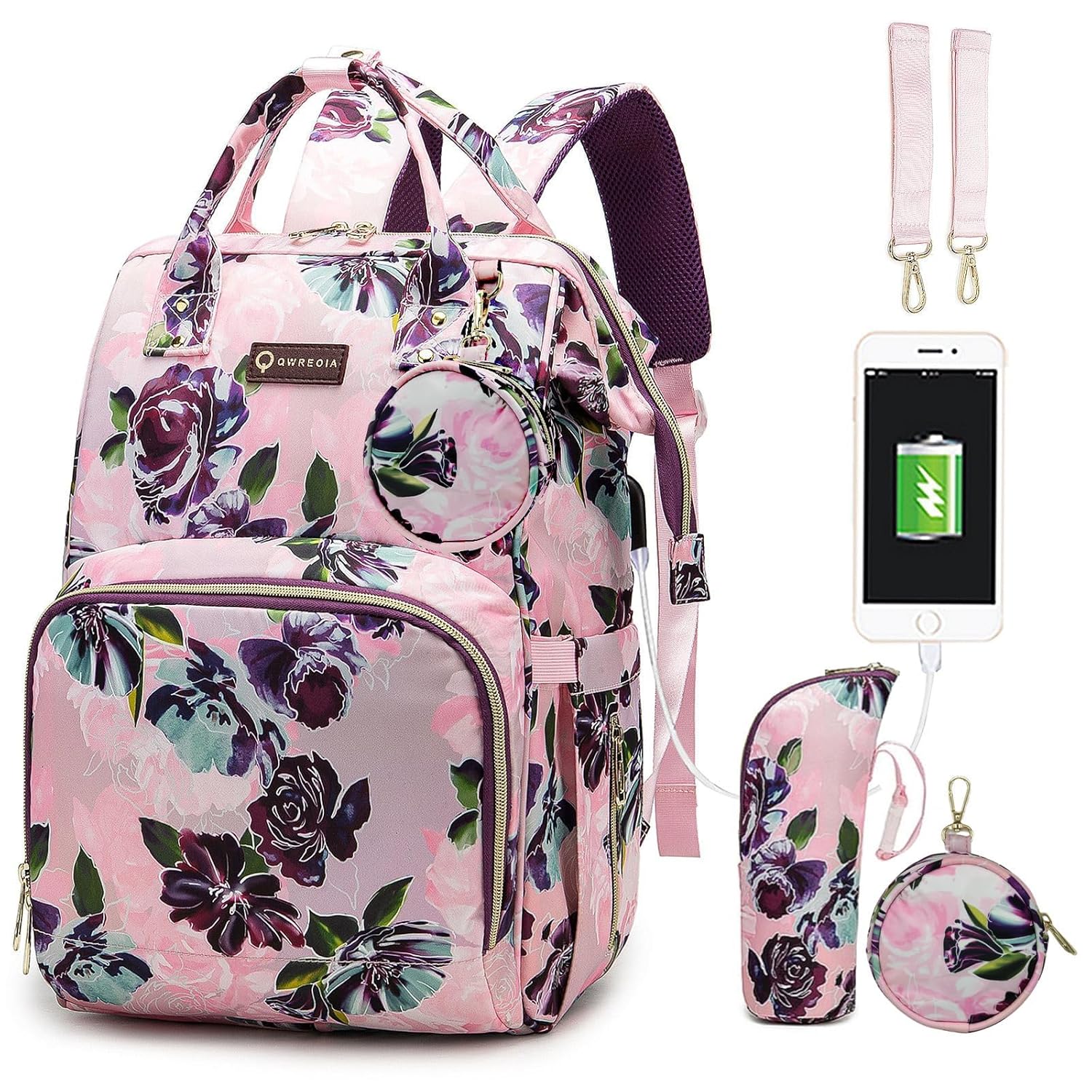 Floral Diaper Bag Backpack with USB Port and Insulated Pocket