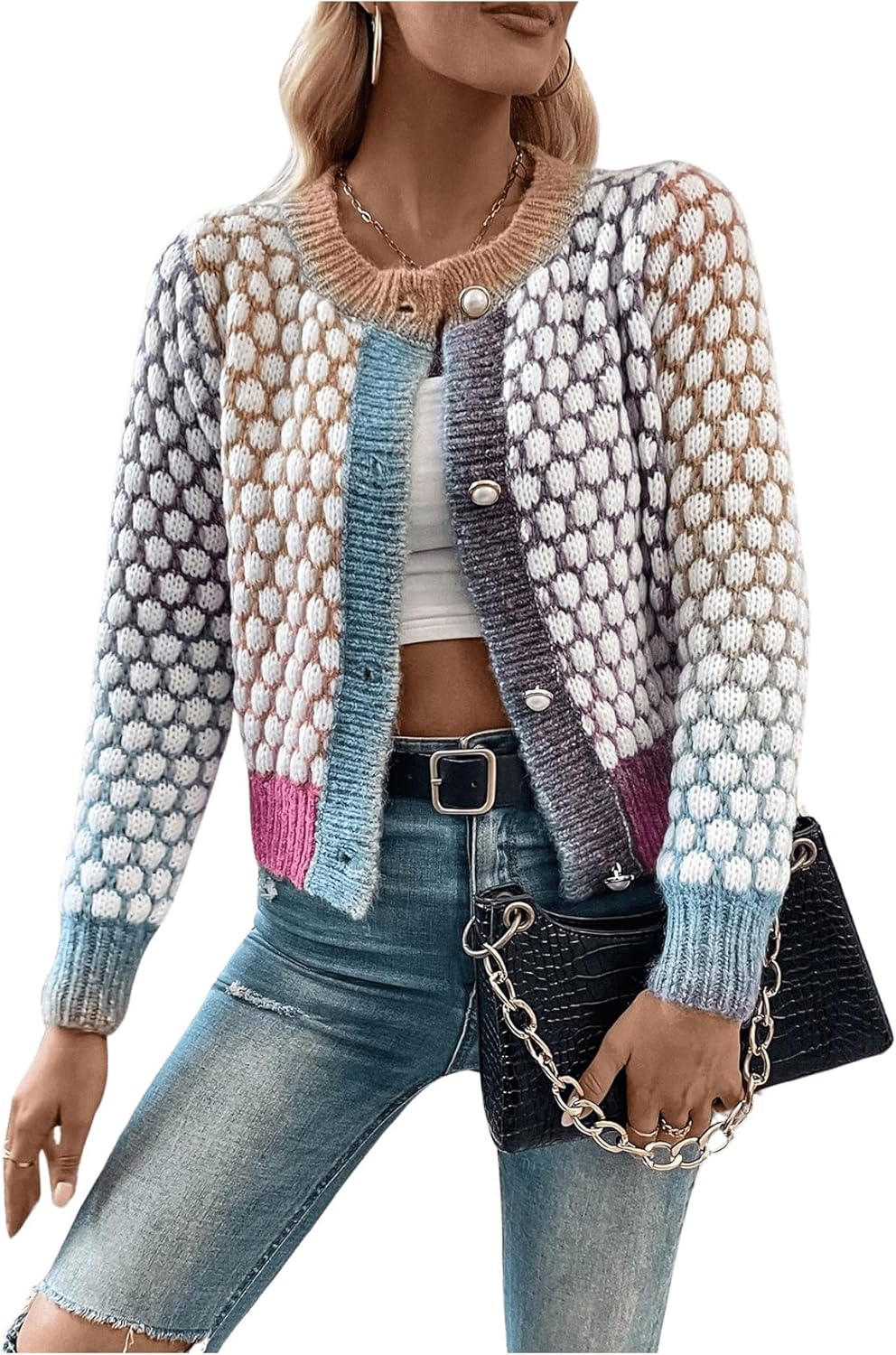 GORGLITTER Women's Colorful Cropped Cardigan for Fall Style