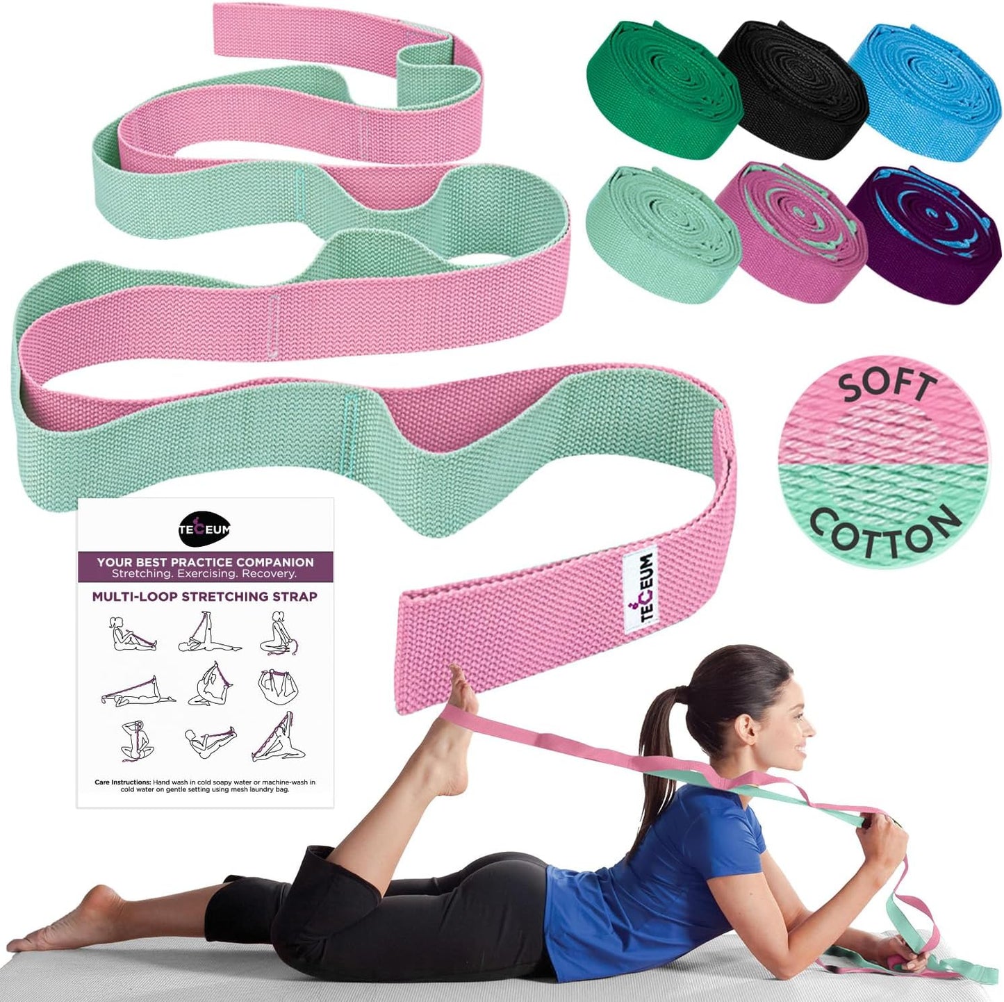 TECEUM Soft Cotton Stretching Strap: 10 Loops for Gentle Stretching!