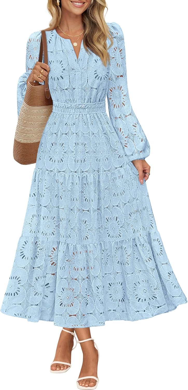 Elegant Women's Floral Maxi Dress with Lace Eyelet Details