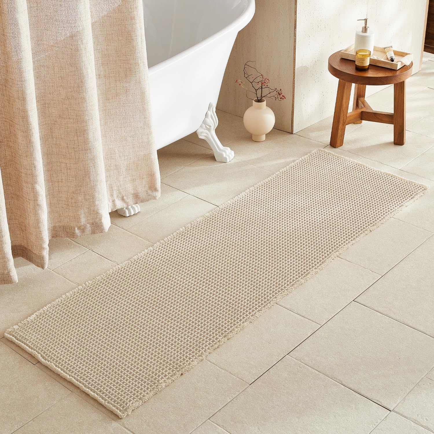 Pale Beige Long Bathroom Rug, Non Slip Washable Quick Dry Mat