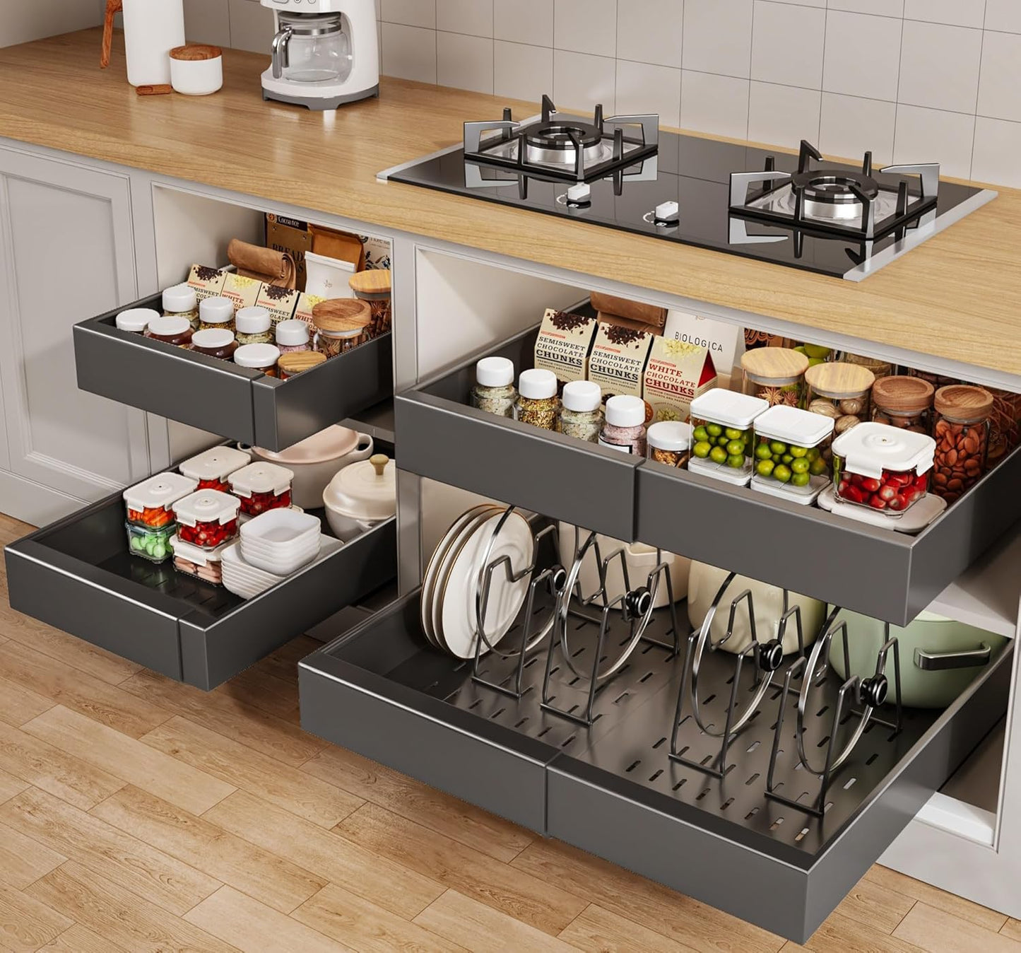 Pull Out Cabinet Organizer 21in Deep with Expandable Drawers