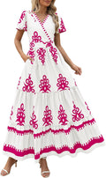PRETTYGARDEN Womens V Neck Boho Maxi Dress - Flowy Tiered Floral SIZE