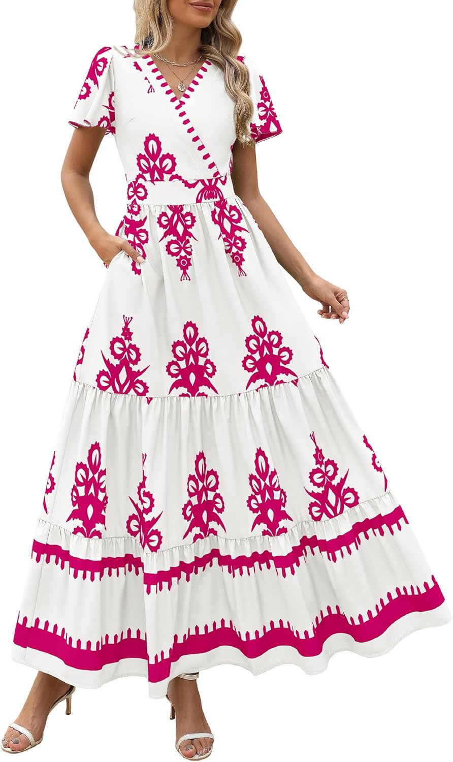 PRETTYGARDEN Womens Summer Casual V Neck Boho Maxi Dress