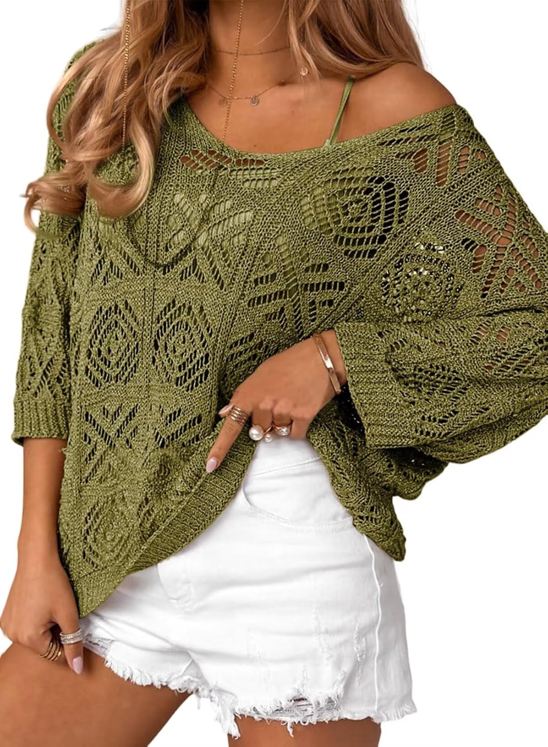 Dokotoo Women's Crochet Hollow Out Off Shoulder Pullover Sweater