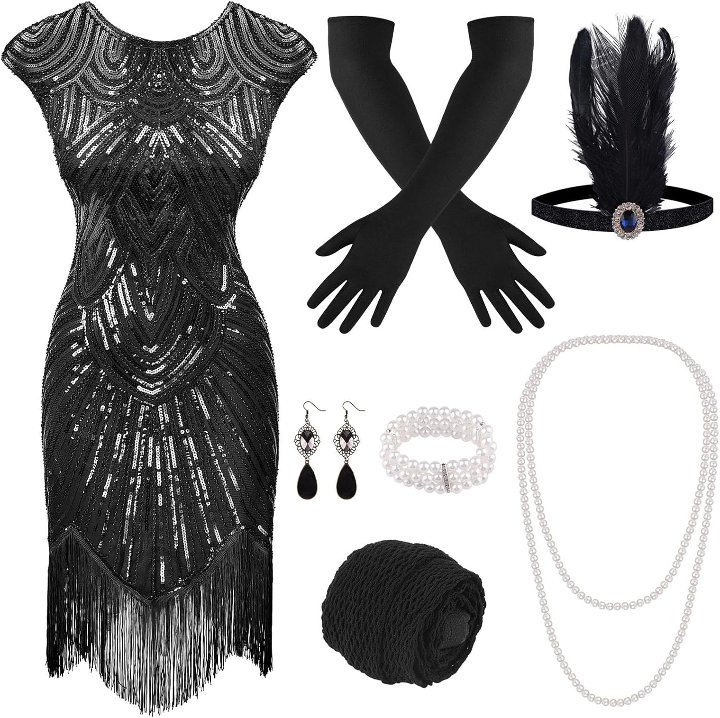 1920s Dresses for Women - Sequin Flapper Cocktail Dress Set