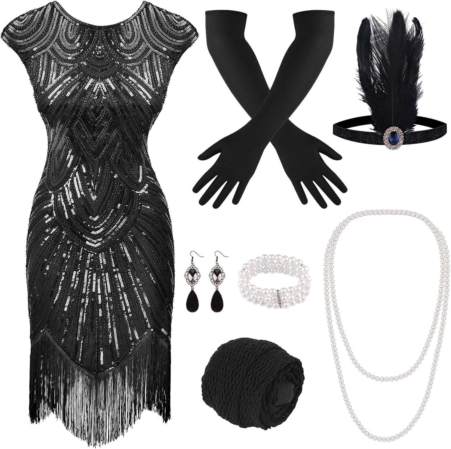 1920s Dresses for Women - Sequin Flapper Cocktail Dress Set