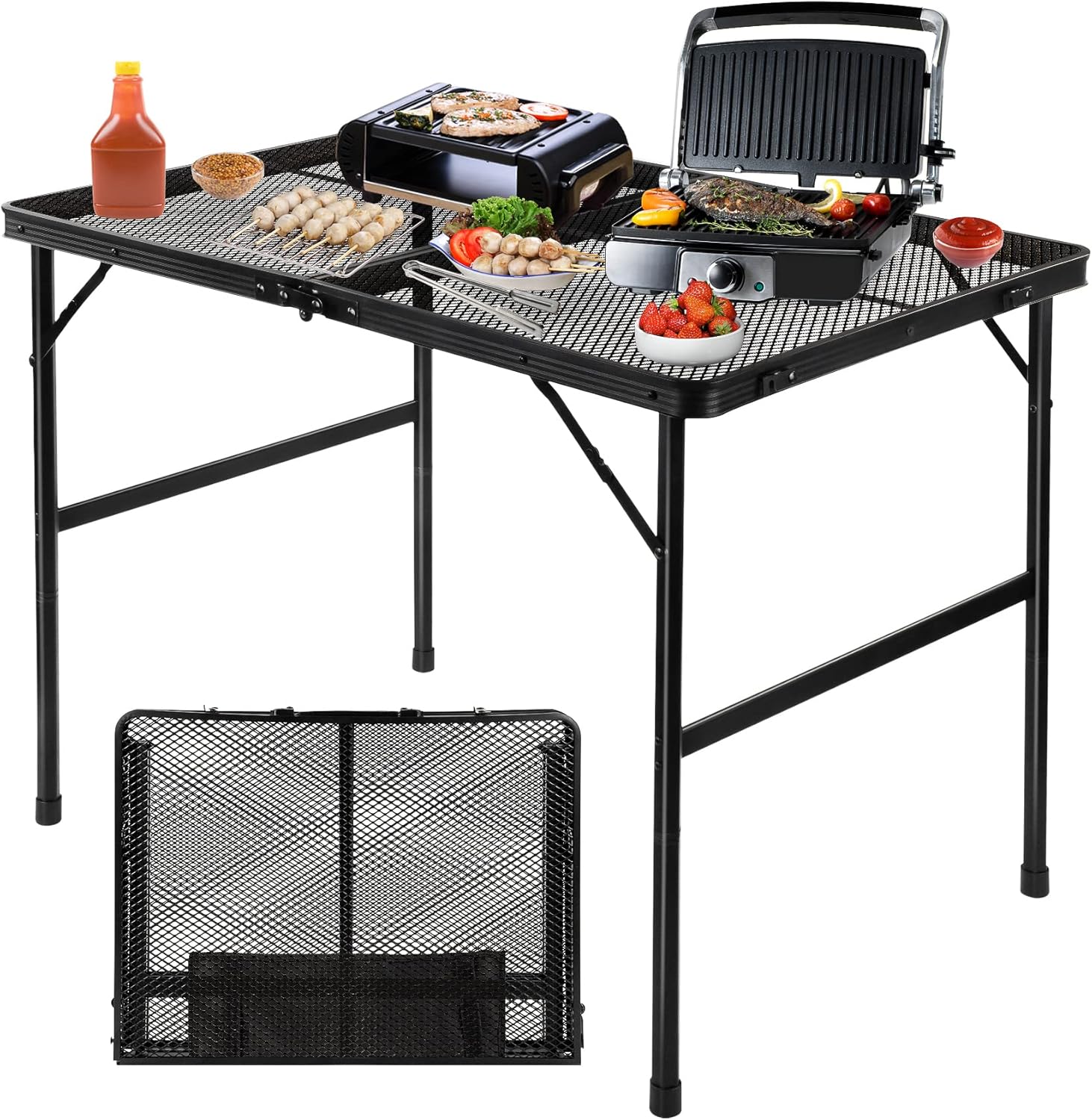 Folding Grill Table for Camping with Adjustable Height and Mesh