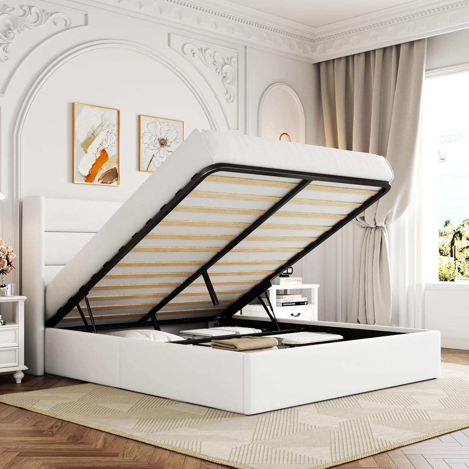 Allewie Queen Size Velvet Lift Up Storage Bed with Elegant Design