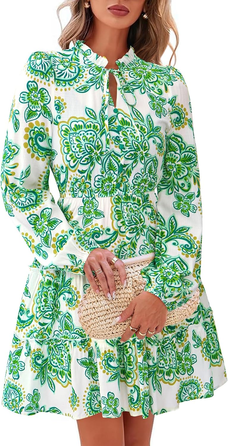 BTFBM Women Fall Dresses 2025 Floral V Neck Long Sleeve Style