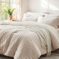 Beige Queen Comforter Set 7 Pieces Seersucker Bed in a Bag - All