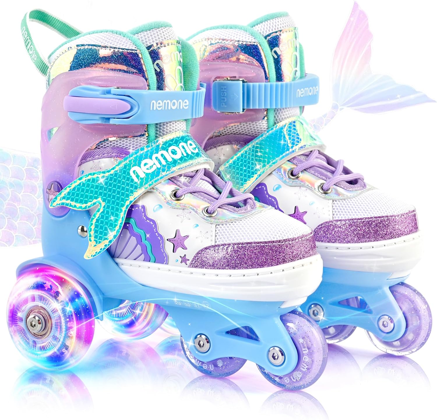 NEMONE Mermaid Adjustable Light Up Roller Skates for Kids