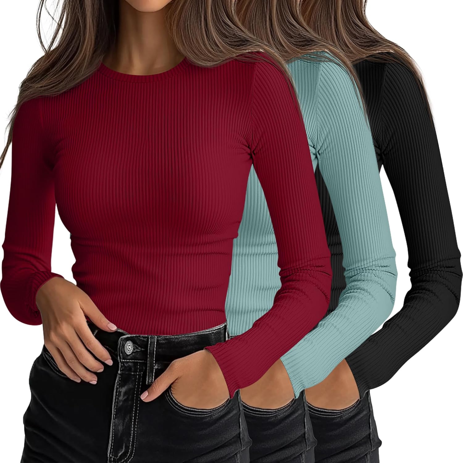 Ficerd Women's Ribbed Long Sleeve Tops for Casual Layering