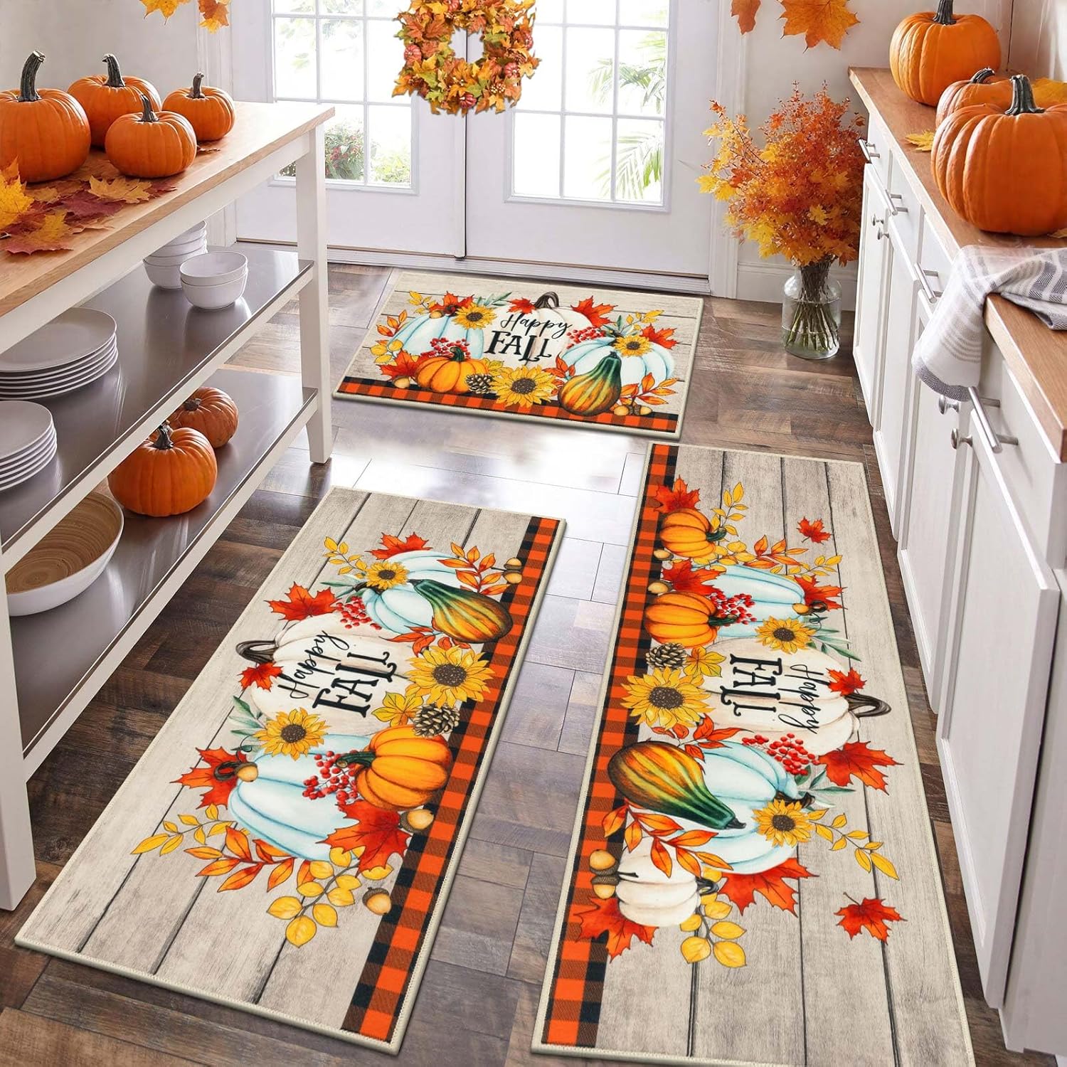 Fall Kitchen Rugs Set of 3, Non Slip Buffalo Plaid Pumpkin Decor