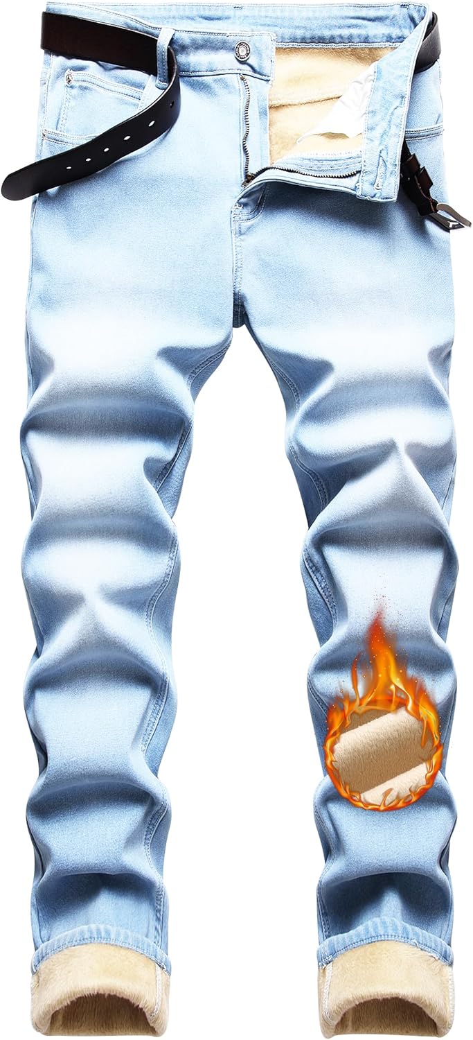 Fleece Lined Jeans for Men - Warm Flannel Skinny Fit Denim