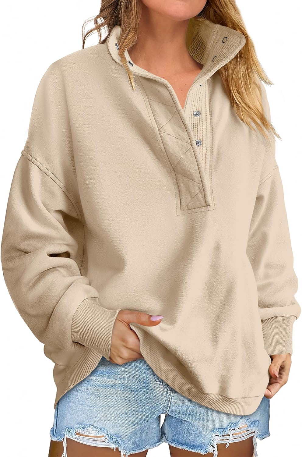 Oversized Sweatshirt for Women - Casual Button Henley Pullover