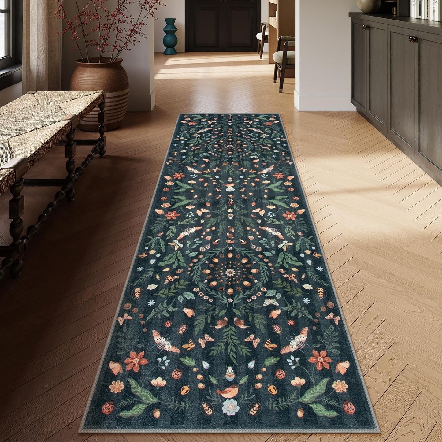 Lahome Insect Botanical 2ft 6inx10ft Black Runner for Hallways
