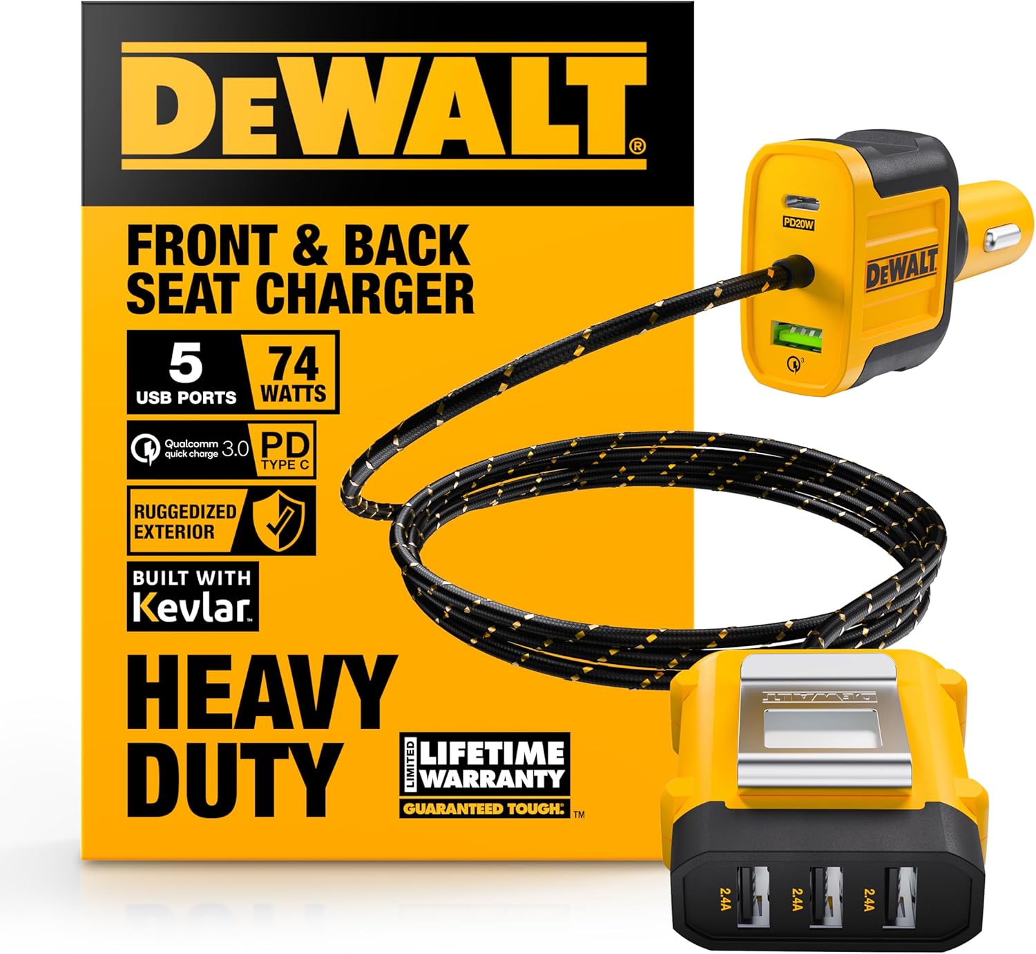 DEWALT Heavy Duty 72W Multiport Car Charger for Fast Charging