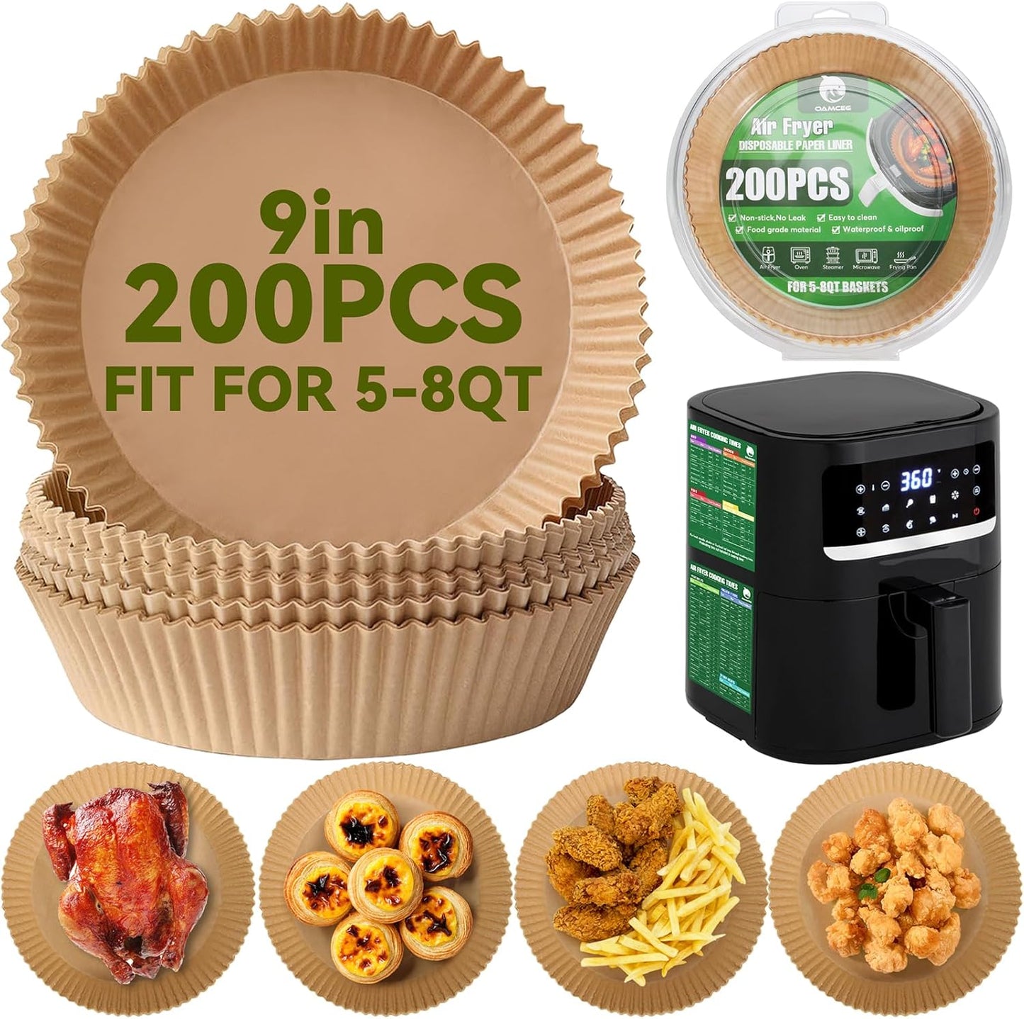 Non-Stick Air Fryer Liners - 9 inch Round, 200 PCS