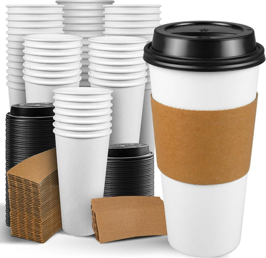 Ginkgo 100 Pack 20 oz Coffee Cups with Lids & Sleeves - Hot Drink To Go!