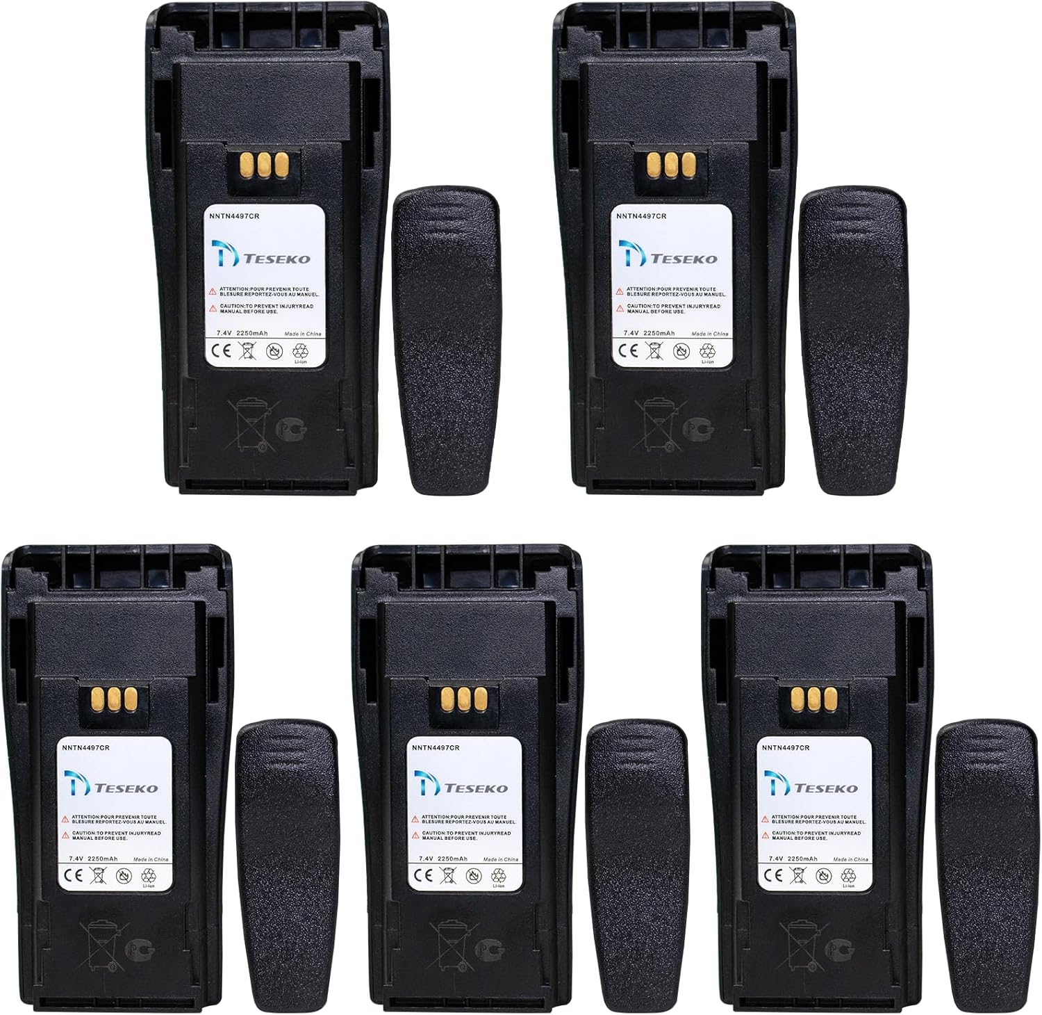 5 Pack 7.4V 2250mAh Li-ion Battery for Motorola Two-Way Radios