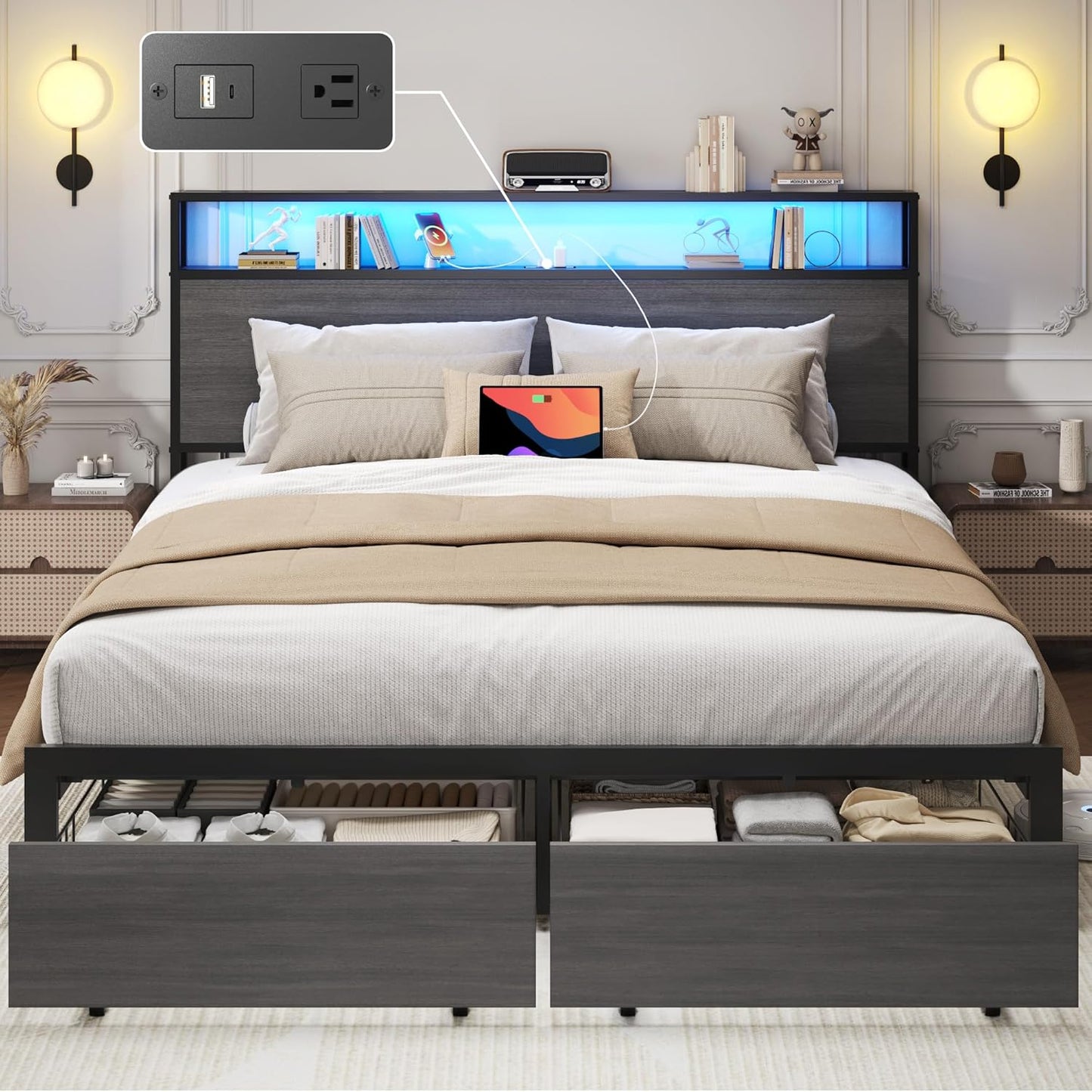 Lifezone Queen Bed Frame with Storage & Charging Station