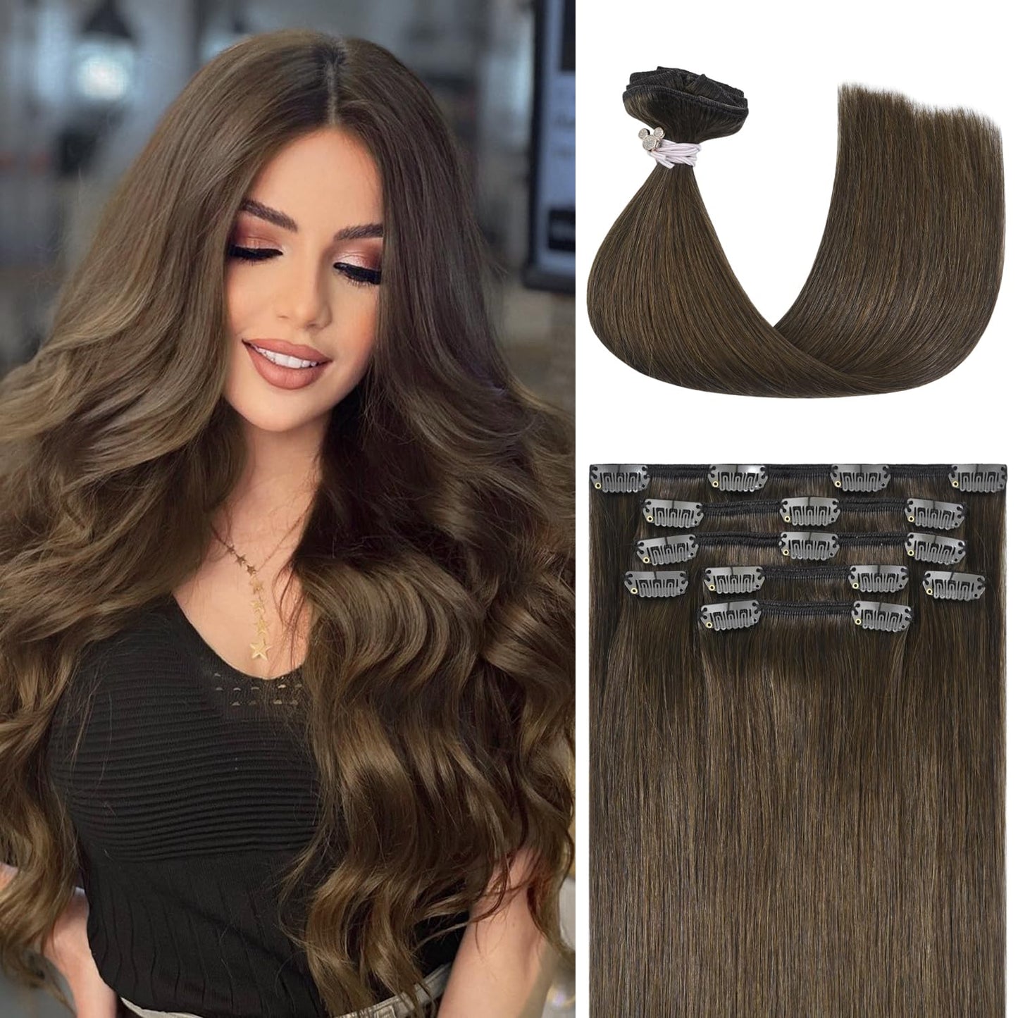 Honsoo Hair Extensions Clip In Human Hair 20in Medium Brown