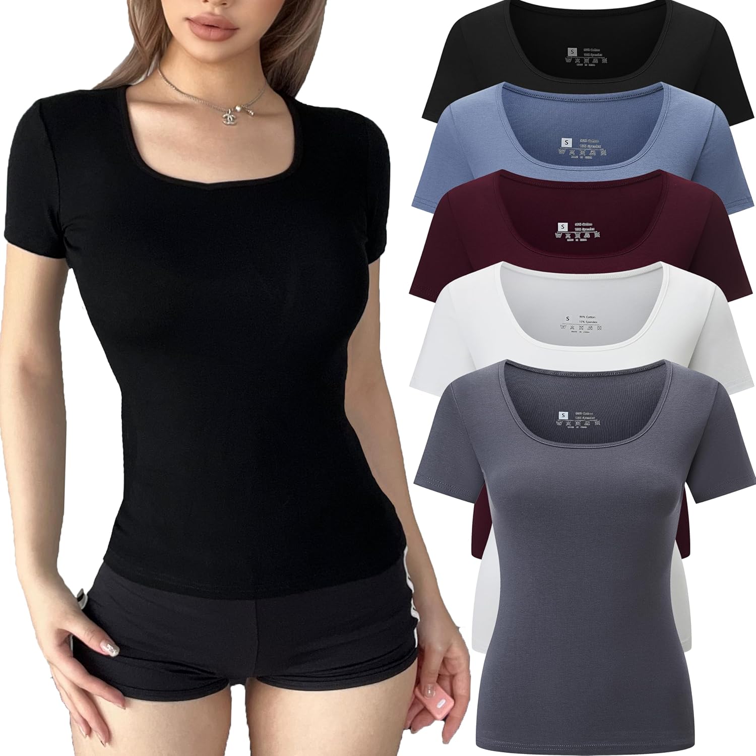 5 Pack Short Sleeve Square Neck T Shirts for Women Casual Wear