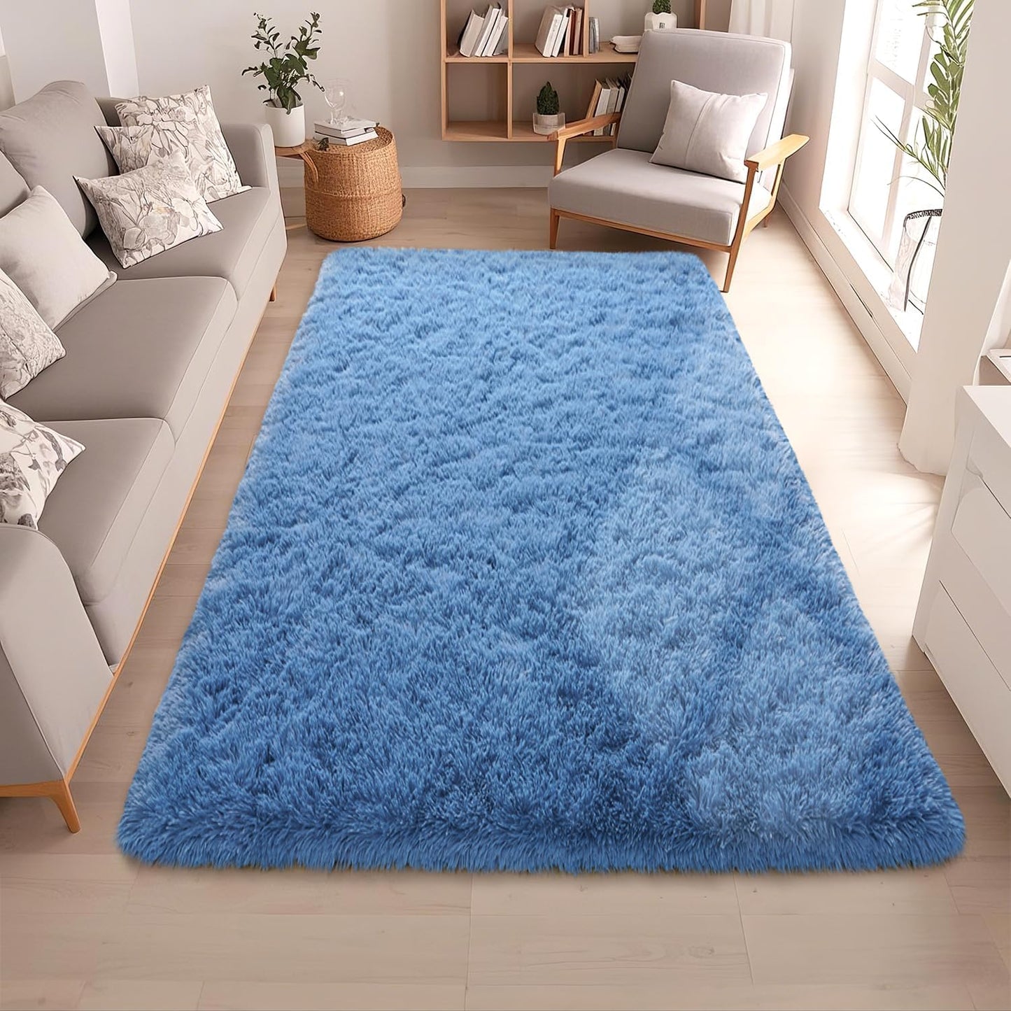 Blue Fluffy Rugs for Living Room - Ultra Soft Faux Fur Area Rug